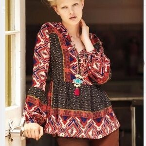 Anthropologie Joseph Konrad Zydeco Peasant Red and‎ Black Patterned Blouse